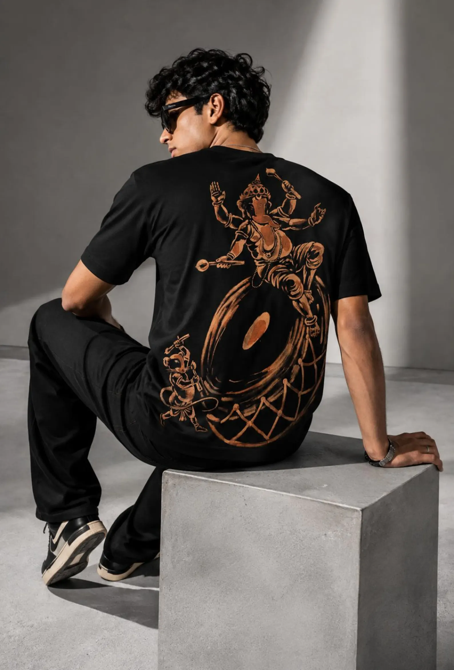 Classic Fit Unisex Black Tee | Hand Bleach Art T-Shirt | Lord Ganesha Graphic | Indian Art Streetwear | Spiritual Graphic Tee